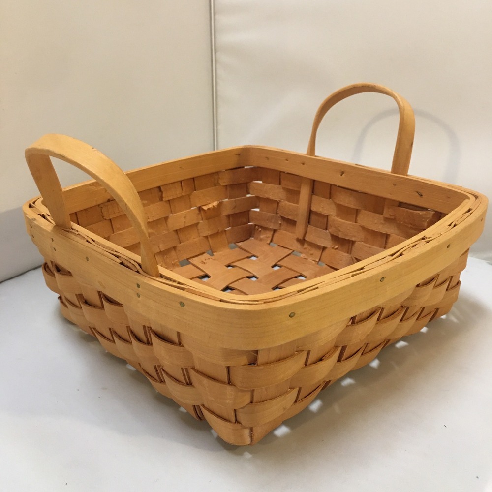 Woven Square Basket Unisex Medium Natural Wood Dual Handle Longaberger Farmhouse